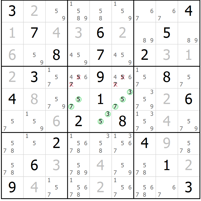 Position des candidats pour la solution de la Gr 36 page 39 du magazine de sudoku Virtuose n° 108