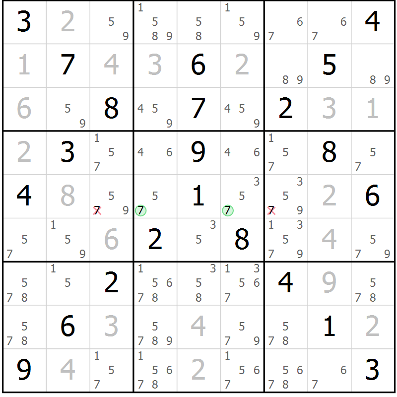 Position des candidats pour la solution de la Gr 36 page 39 du magazine de sudoku Virtuose n° 108