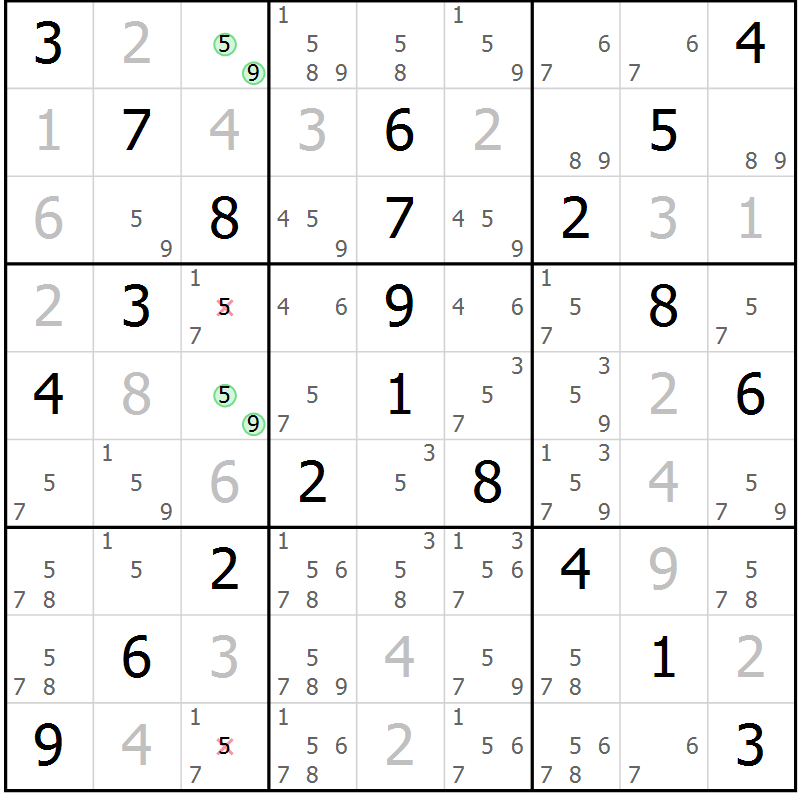 Position des candidats pour la solution de la Gr 36 page 39 du magazine de sudoku Virtuose n° 108