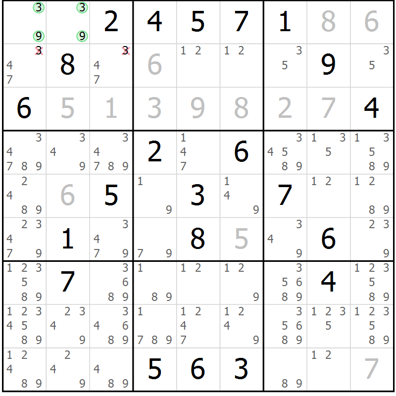 Position des candidats pour la solution de la Gr 4 page 7 du magazine de sudoku Virtuose n° 108