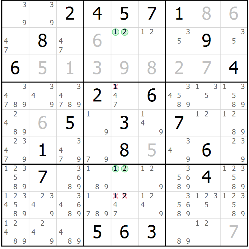 Position des candidats pour la solution de la Gr 4 page 7 du magazine de sudoku Virtuose n° 108