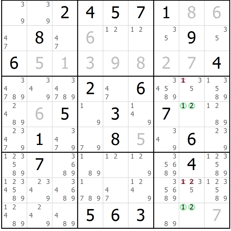 Position des candidats pour la solution de la Gr 4 page 7 du magazine de sudoku Virtuose n° 108