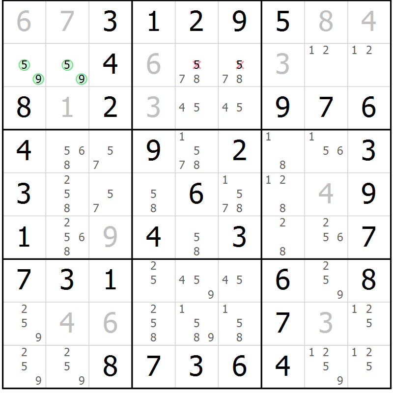 Position des candidats pour la solution de la Gr 40 page 43 du magazine de sudoku Virtuose n° 108