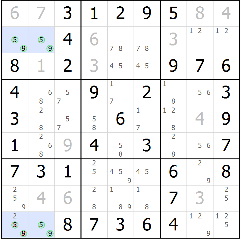 Position des candidats pour la solution de la Gr 40 page 43 du magazine de sudoku Virtuose n° 108
