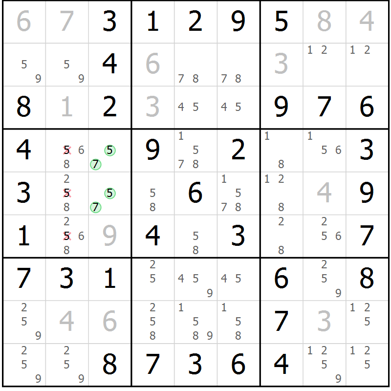 Position des candidats pour la solution de la Gr 40 page 43 du magazine de sudoku Virtuose n° 108