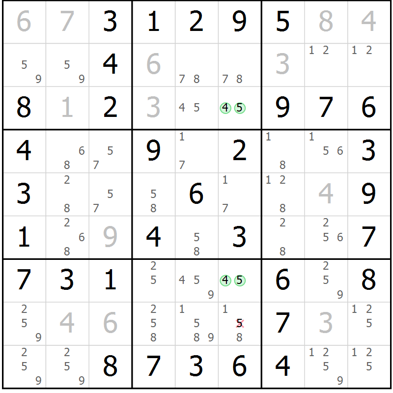 Position des candidats pour la solution de la Gr 40 page 43 du magazine de sudoku Virtuose n° 108