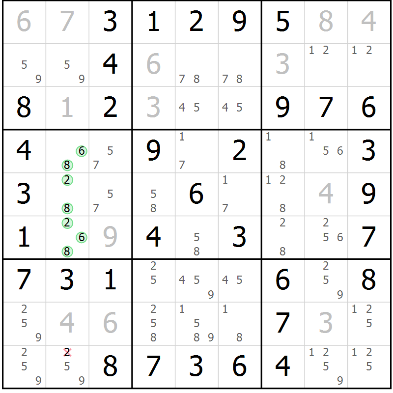 Position des candidats pour la solution de la Gr 40 page 43 du magazine de sudoku Virtuose n° 108