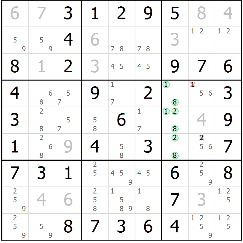 Position des candidats pour la solution de la Gr 40 page 43 du magazine de sudoku Virtuose n° 108