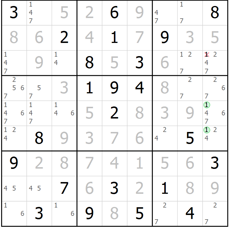 Position des candidats pour la solution de la Gr 41 page 44 du magazine de sudoku Virtuose n° 108