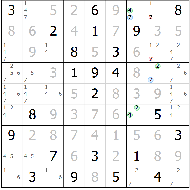 Position des candidats pour la solution de la Gr 41 page 44 du magazine de sudoku Virtuose n° 108