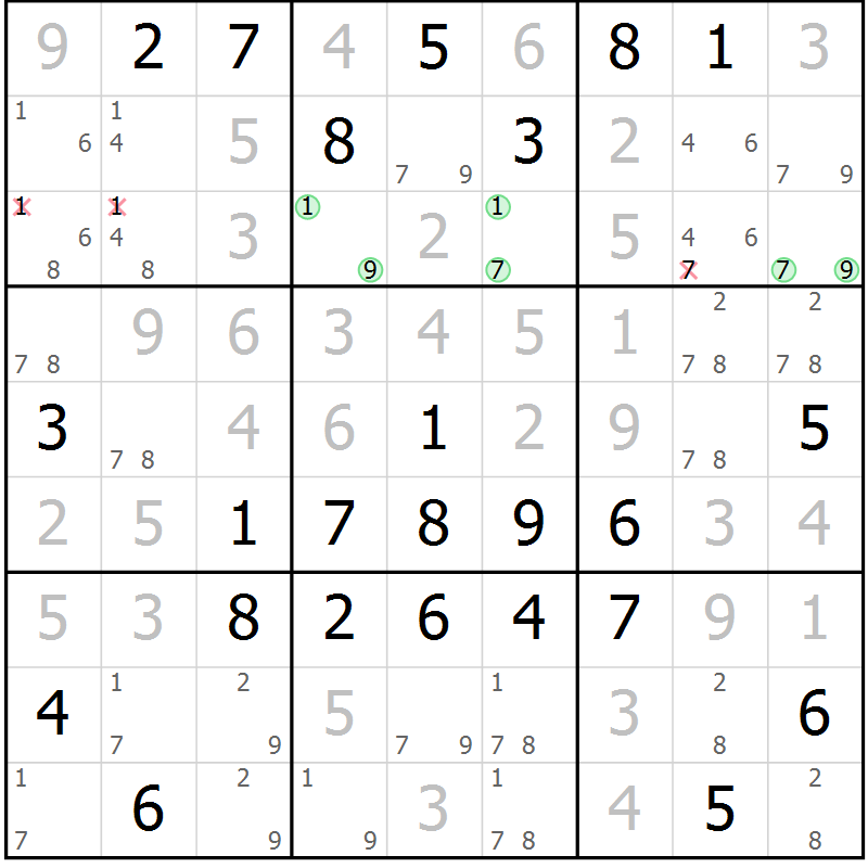 Position des candidats pour la solution de la Gr 42 page 45 du magazine de sudoku Virtuose n° 108