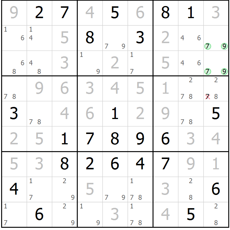 Position des candidats pour la solution de la Gr 42 page 45 du magazine de sudoku Virtuose n° 108