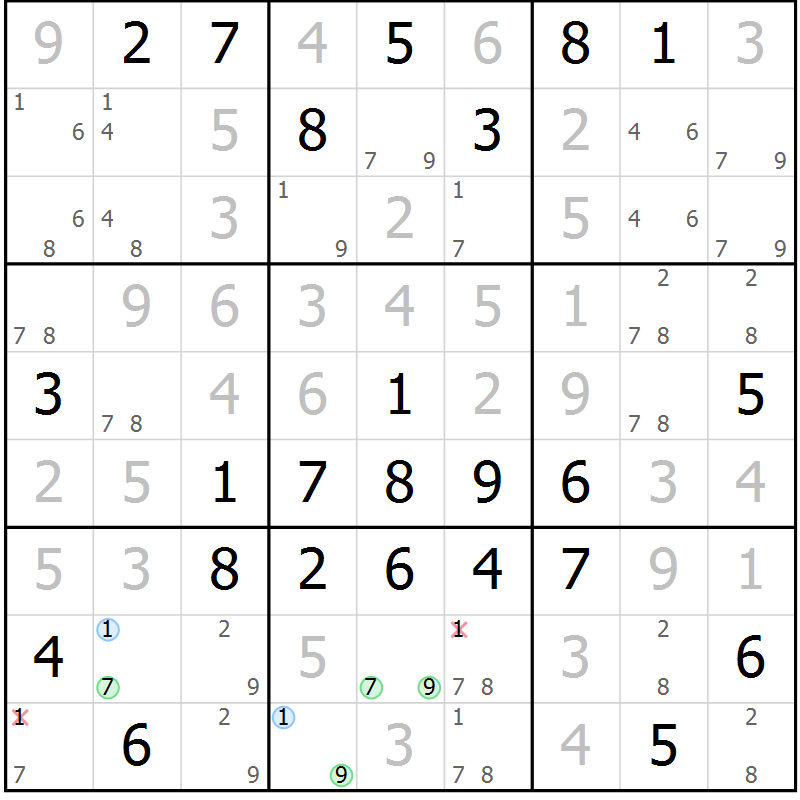 Position des candidats pour la solution de la Gr 42 page 45 du magazine de sudoku Virtuose n° 108
