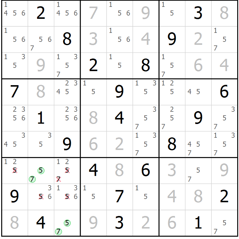 Position des candidats pour la solution de la Gr 43 page 46 du magazine de sudoku Virtuose n° 108