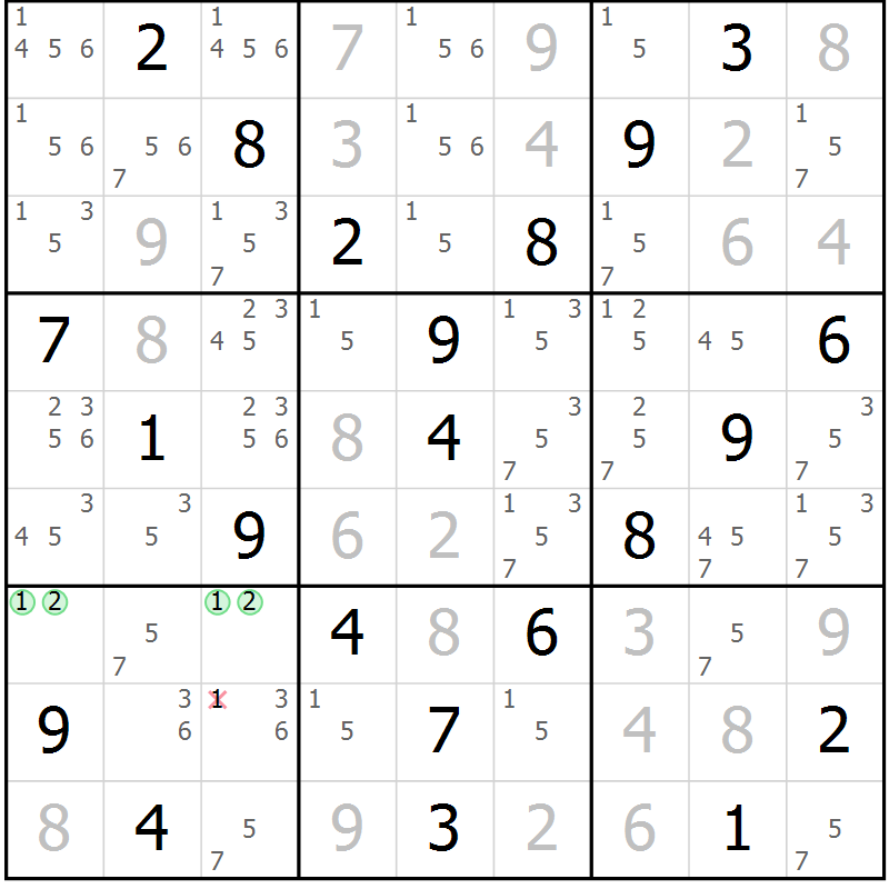 Position des candidats pour la solution de la Gr 43 page 46 du magazine de sudoku Virtuose n° 108