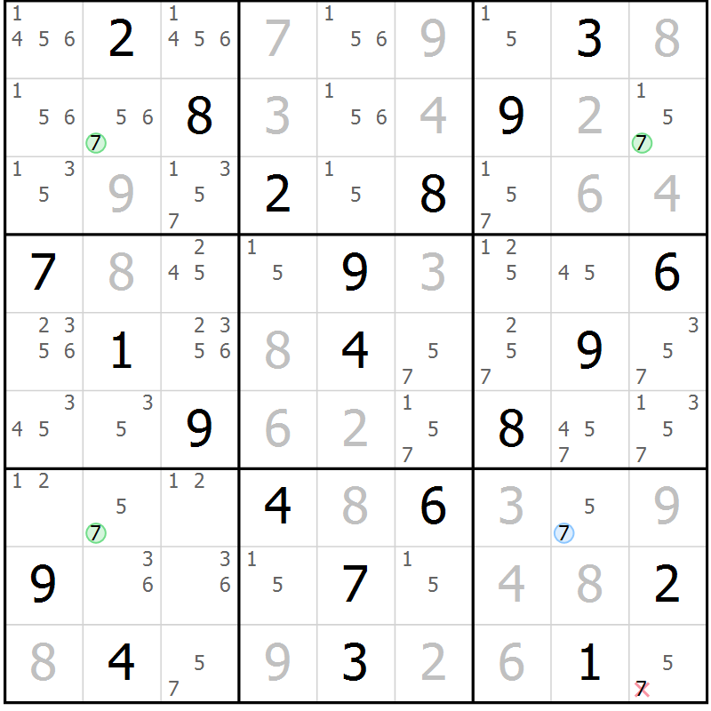Position des candidats pour la solution de la Gr 43 page 46 du magazine de sudoku Virtuose n° 108