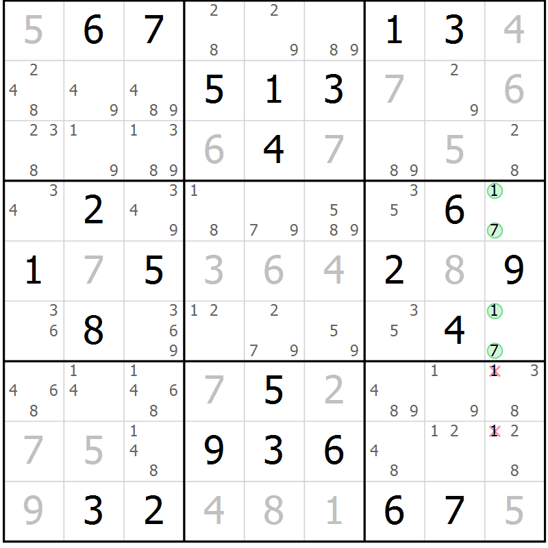 Position des candidats pour la solution de la Gr 44 page 47 du magazine de sudoku Virtuose n° 108