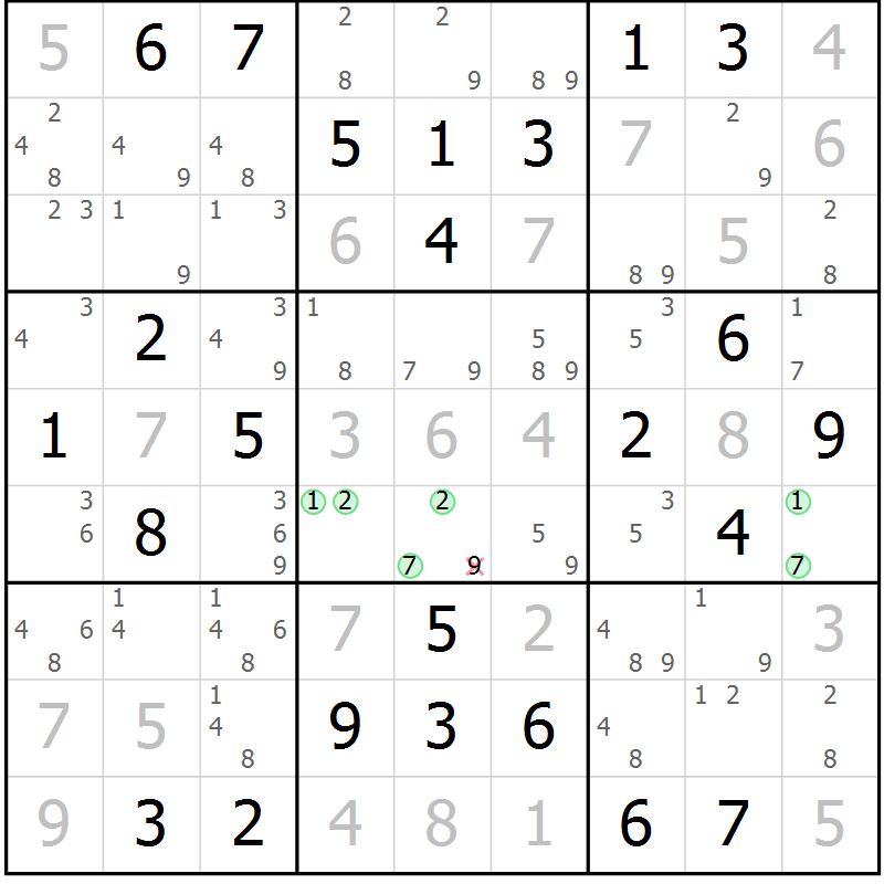 Position des candidats pour la solution de la Gr 44 page 47 du magazine de sudoku Virtuose n° 108