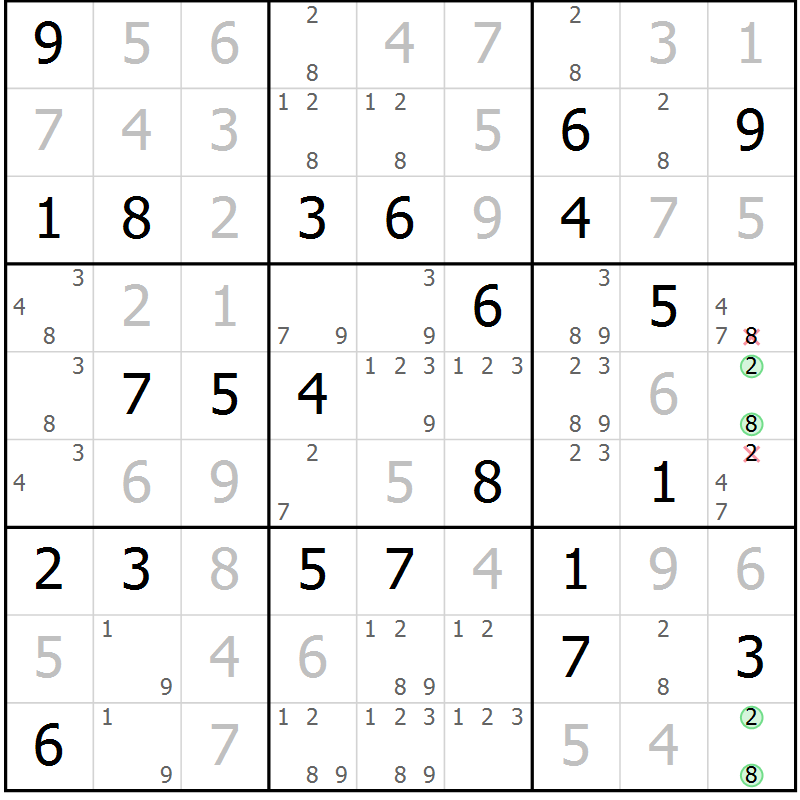 Position des candidats pour la solution de la Gr 45 page 48 du magazine de sudoku Virtuose n° 108