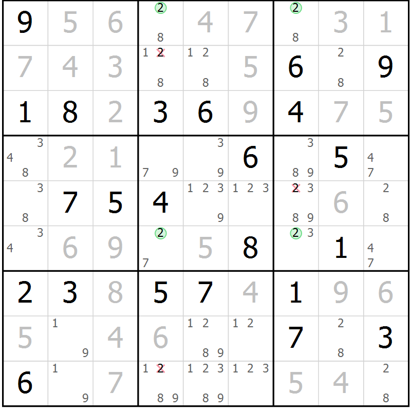 Position des candidats pour la solution de la Gr 45 page 48 du magazine de sudoku Virtuose n° 108