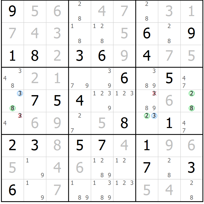 Position des candidats pour la solution de la Gr 45 page 48 du magazine de sudoku Virtuose n° 108
