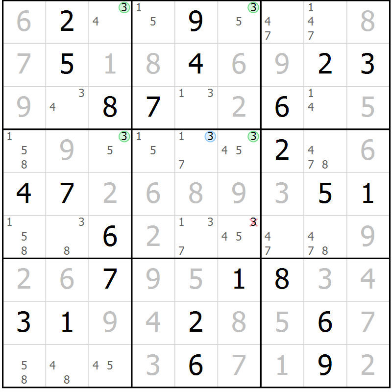 Position des candidats pour la solution de la Gr 46 page 49 du magazine de sudoku Virtuose n° 108