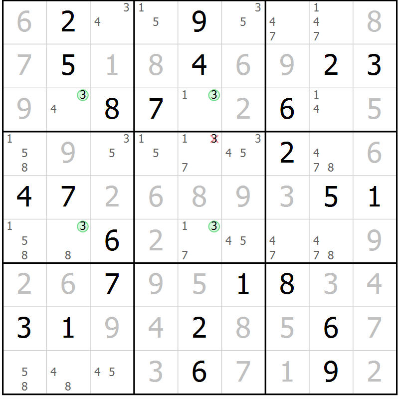 Position des candidats pour la solution de la Gr 46 page 49 du magazine de sudoku Virtuose n° 108
