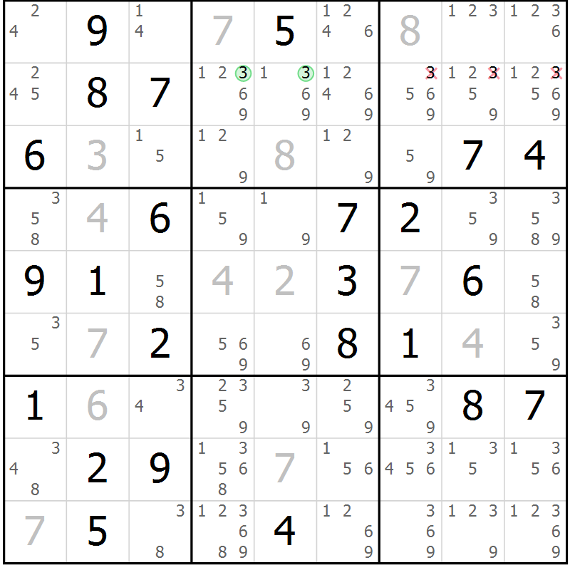 Position des candidats pour la solution de la Gr 47 page 50 du magazine de sudoku Virtuose n° 108