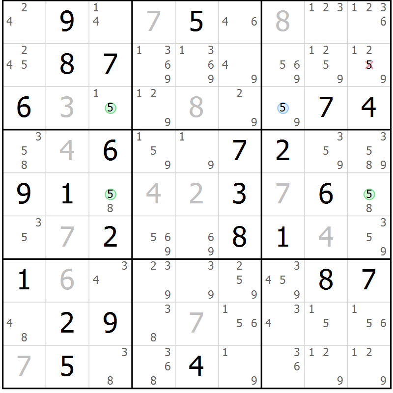 Position des candidats pour la solution de la Gr 47 page 50 du magazine de sudoku Virtuose n° 108