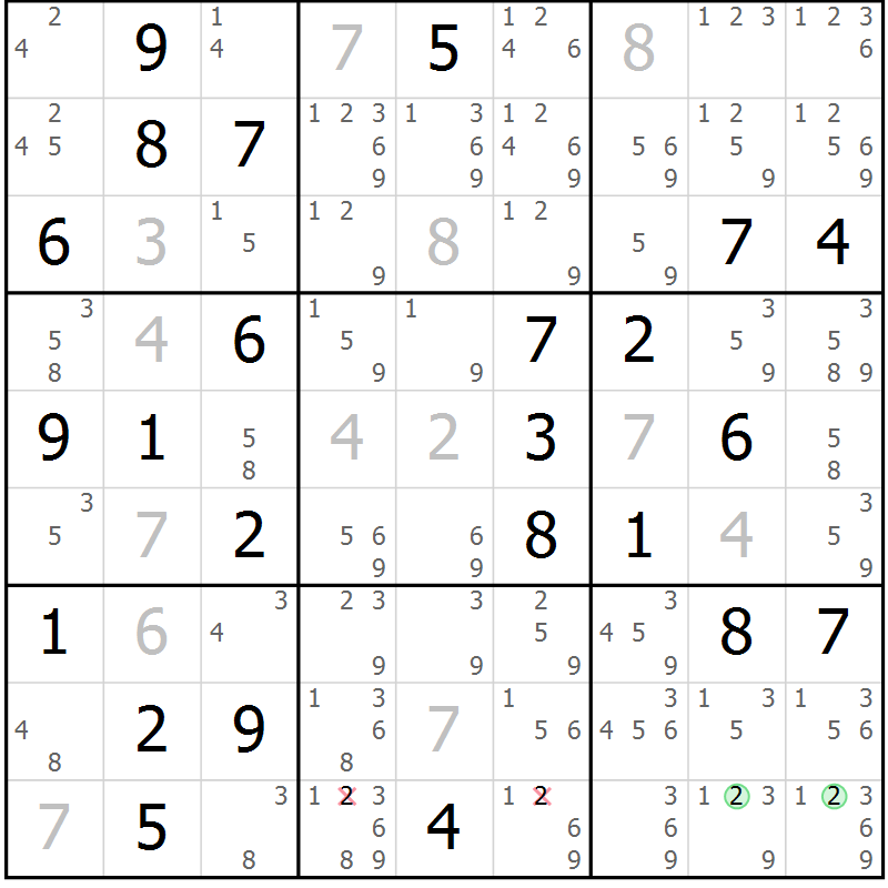 Position des candidats pour la solution de la Gr 47 page 50 du magazine de sudoku Virtuose n° 108