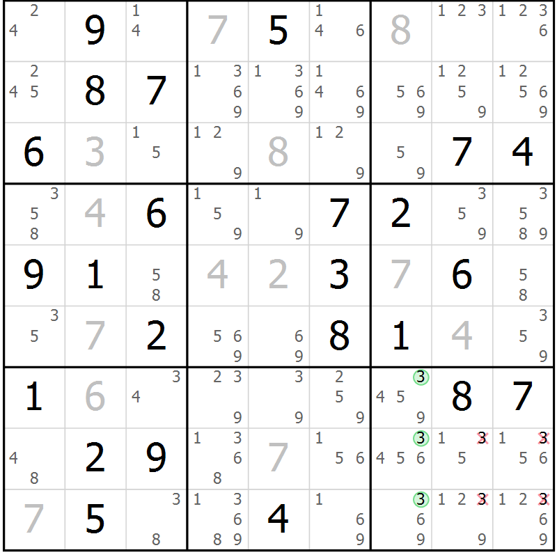 Position des candidats pour la solution de la Gr 47 page 50 du magazine de sudoku Virtuose n° 108