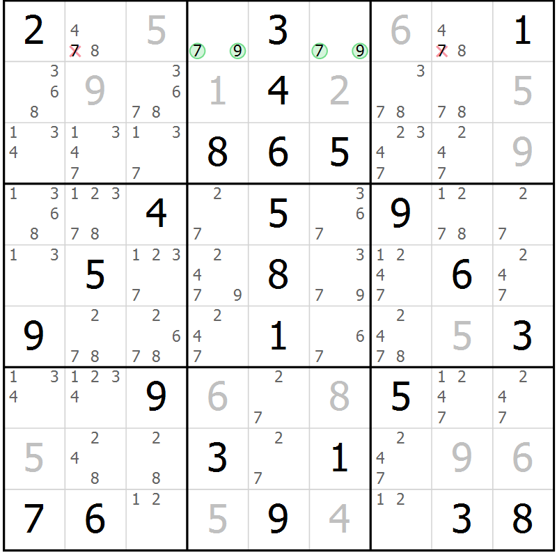 Position des candidats pour la solution de la Gr 49 page 52 du magazine de sudoku Virtuose n° 108