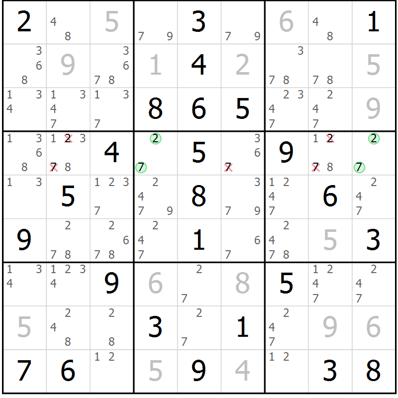 Position des candidats pour la solution de la Gr 49 page 52 du magazine de sudoku Virtuose n° 108