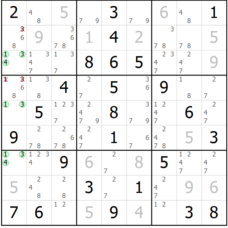 Position des candidats pour la solution de la Gr 49 page 52 du magazine de sudoku Virtuose n° 108
