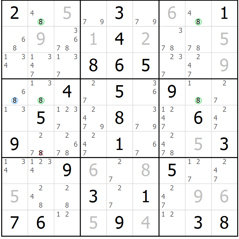 Position des candidats pour la solution de la Gr 49 page 52 du magazine de sudoku Virtuose n° 108
