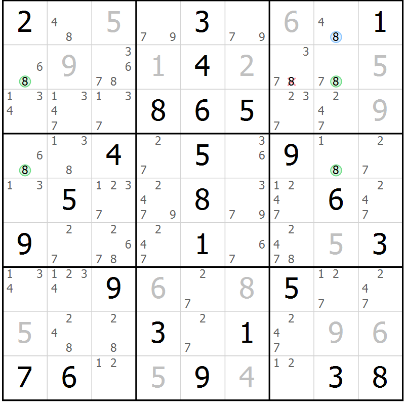 Position des candidats pour la solution de la Gr 49 page 52 du magazine de sudoku Virtuose n° 108