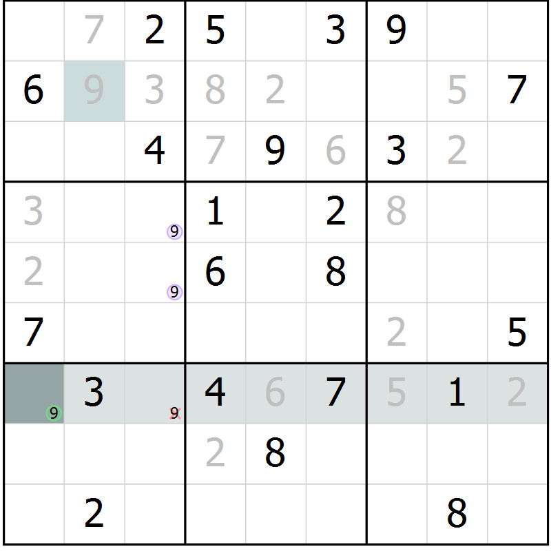 Position des candidats pour la solution de la Gr 5 page 8 du magazine de sudoku Virtuose n° 108