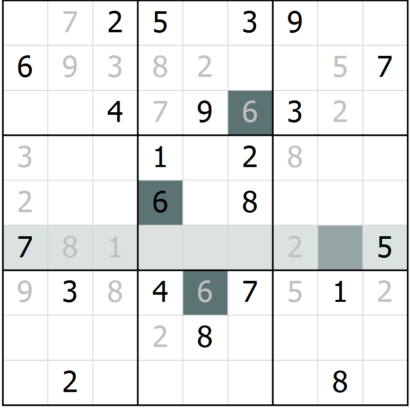 Position des candidats pour la solution de la Gr 5 page 8 du magazine de sudoku Virtuose n° 108