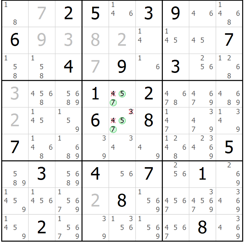 Position des candidats pour la solution de la Gr 5 page 8 du magazine de sudoku Virtuose n° 108