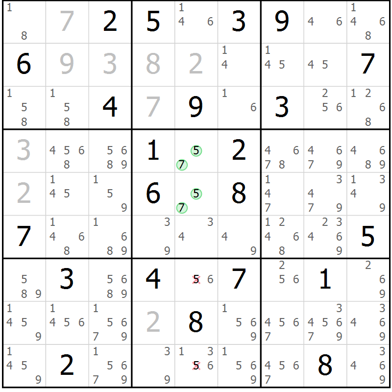 Position des candidats pour la solution de la Gr 5 page 8 du magazine de sudoku Virtuose n° 108