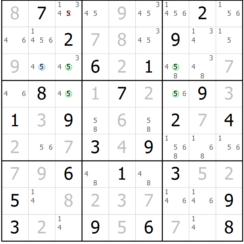 Position des candidats pour la solution de la Gr 52 page 55 du magazine de sudoku Virtuose n° 108