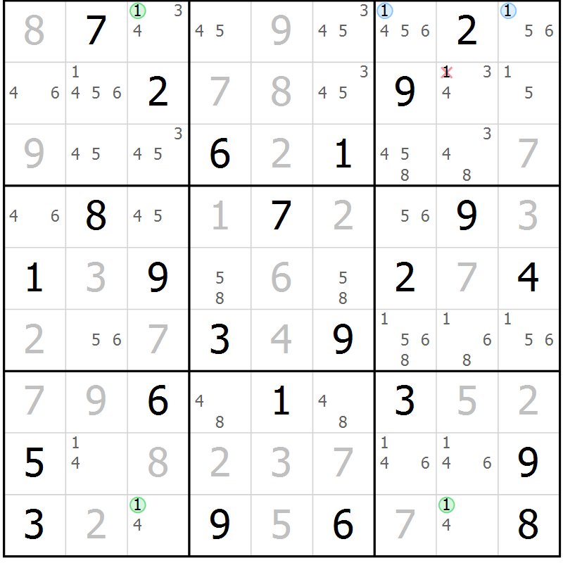 Position des candidats pour la solution de la Gr 52 page 55 du magazine de sudoku Virtuose n° 108