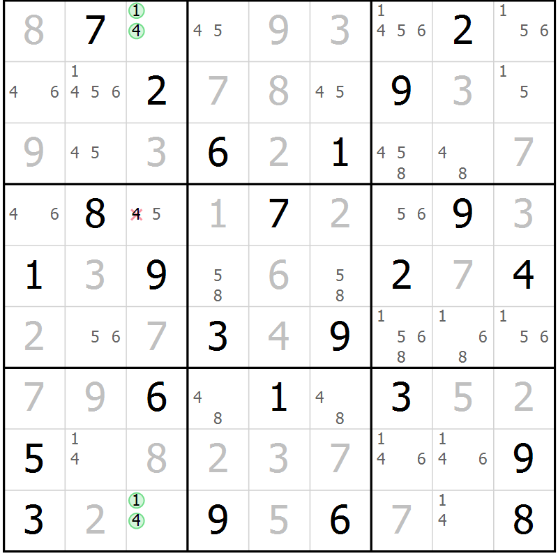 Position des candidats pour la solution de la Gr 52 page 55 du magazine de sudoku Virtuose n° 108