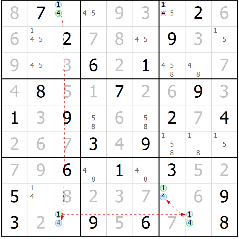 Position des candidats pour la solution de la Gr 52 page 55 du magazine de sudoku Virtuose n° 108