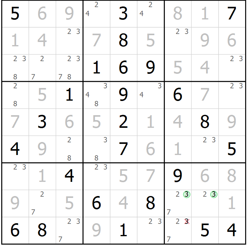 Position des candidats pour la solution de la Gr 53 page 56 du magazine de sudoku Virtuose n° 108