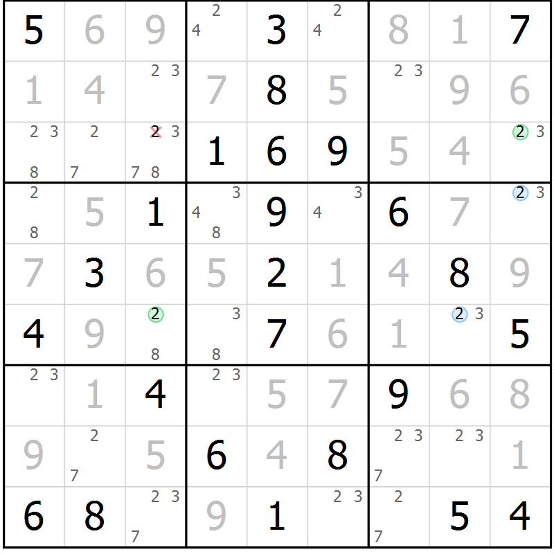 Position des candidats pour la solution de la Gr 53 page 56 du magazine de sudoku Virtuose n° 108