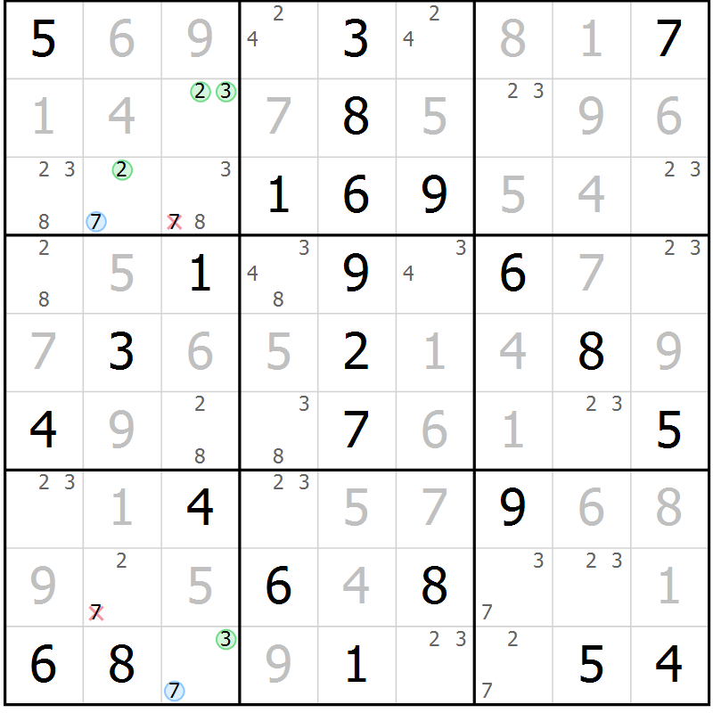 Position des candidats pour la solution de la Gr 53 page 56 du magazine de sudoku Virtuose n° 108