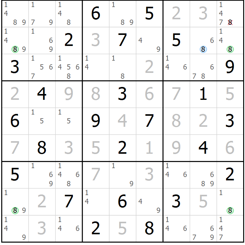 Position des candidats pour la solution de la Gr 54 page 57 du magazine de sudoku Virtuose n° 108