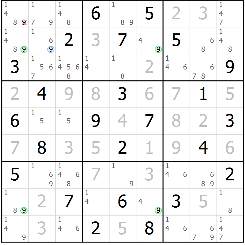 Position des candidats pour la solution de la Gr 54 page 57 du magazine de sudoku Virtuose n° 108