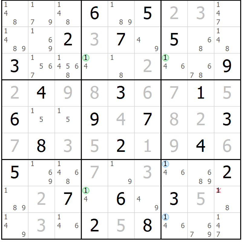 Position des candidats pour la solution de la Gr 54 page 57 du magazine de sudoku Virtuose n° 108